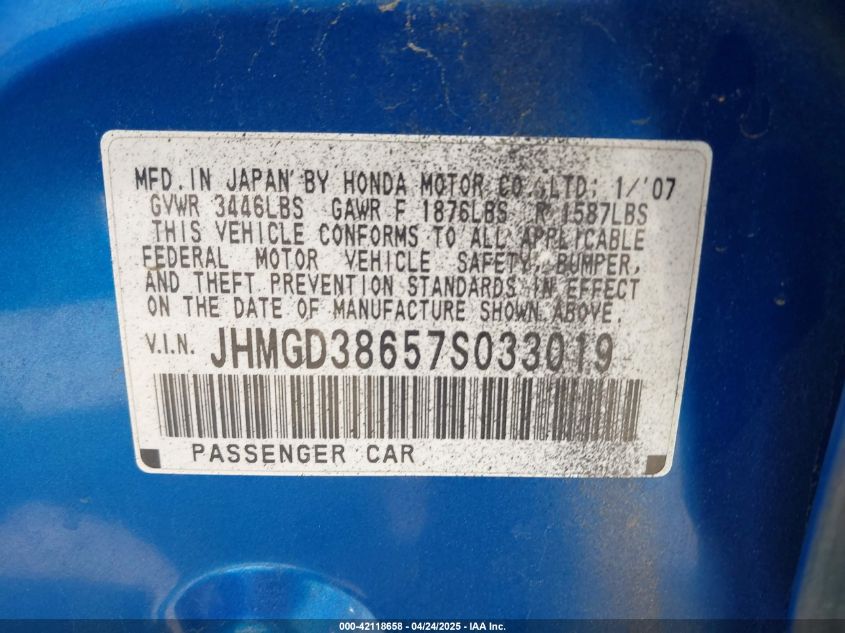 2007 Honda Fit Sport VIN: JHMGD38657S033019 Lot: 42118658