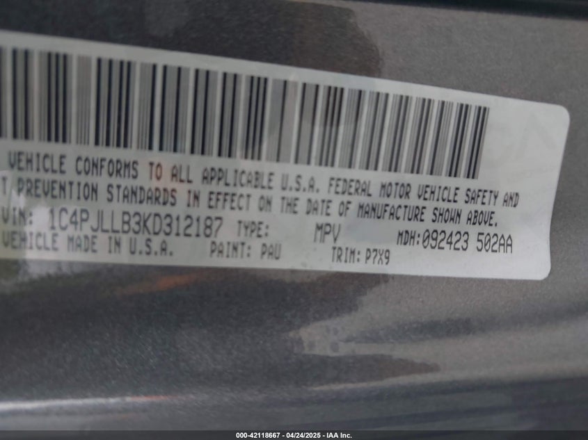 VIN 1C4PJLLB3KD312187 2019 JEEP CHEROKEE LATITUDE PLUS FWD