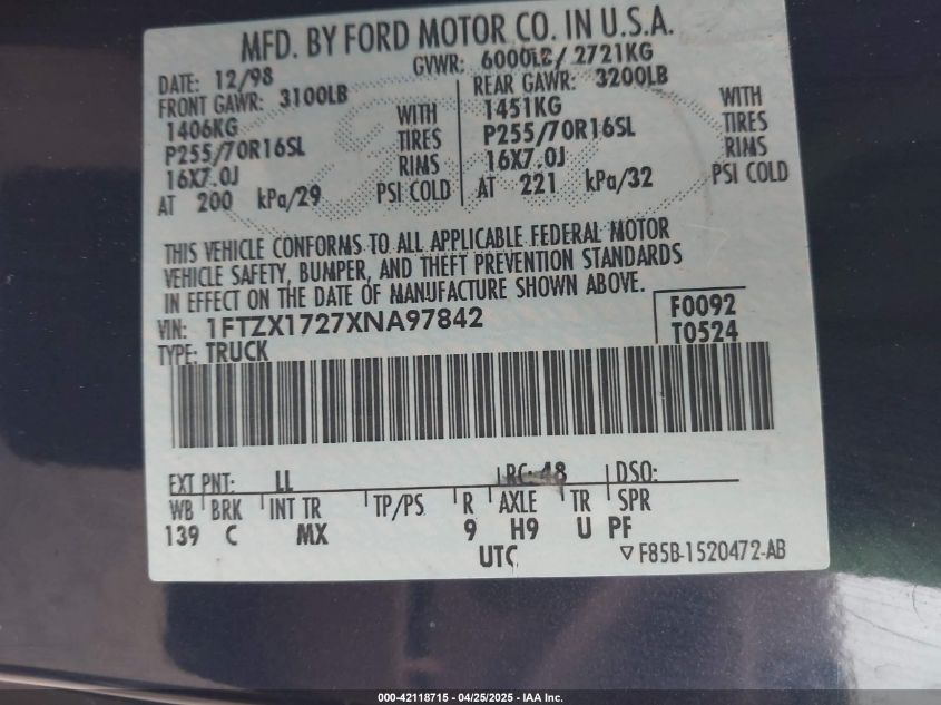 1999 Ford F-150 Work Series/Xl/Xlt VIN: 1FTZX1726XNA97842 Lot: 42118715