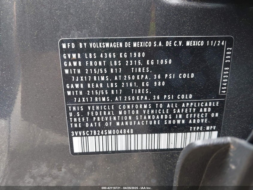 2025 VOLKSWAGEN TAOS S - 3VV5C7B24SM004848