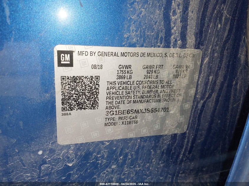 2018 CHEVROLET CRUZE VIN: 3G1BE6SMXJS654701