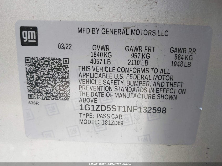 2022 CHEVROLET MALIBU VIN: 1G1ZD5ST1NF132598