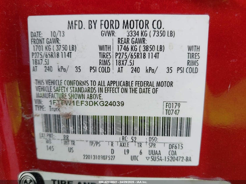 2013 FORD F-150 VIN: 1FTFW1EF3DKG24039