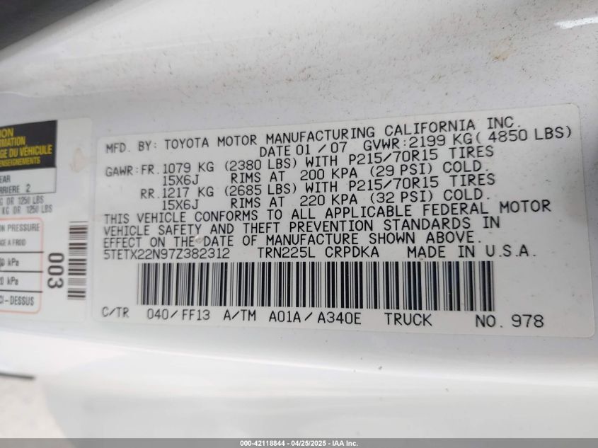 2007 Toyota Tacoma VIN: 5TETX22N27Z282312 Lot: 42118844