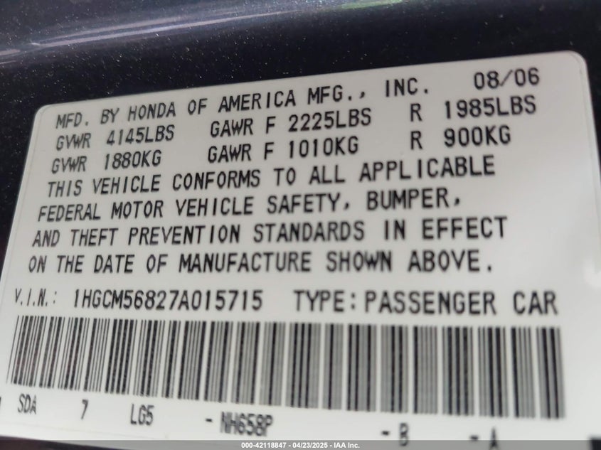 2007 HONDA ACCORD VIN: 1HGCM56827A015715