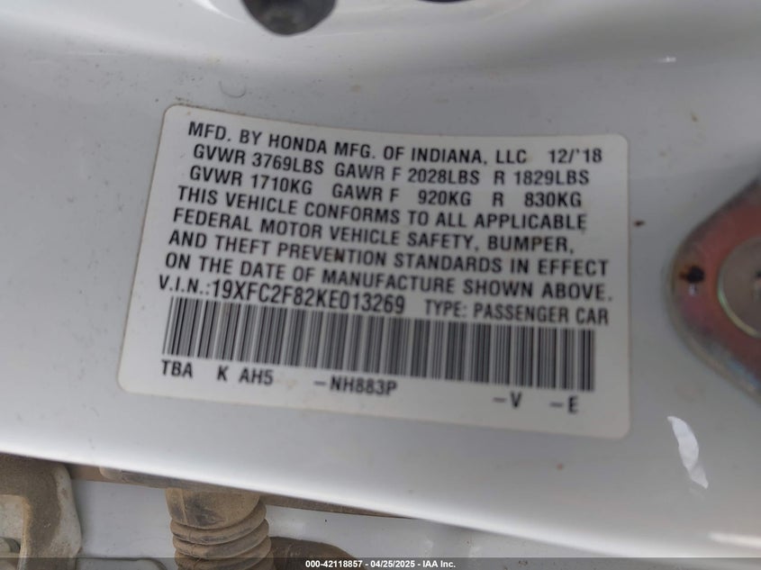 2019 HONDA CIVIC VIN: 19XFC2F82KE013269