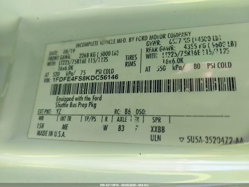 2019 Ford E-450 Cutaway VIN: 1FDFE4FS4KDC63661 Lot: 42118919