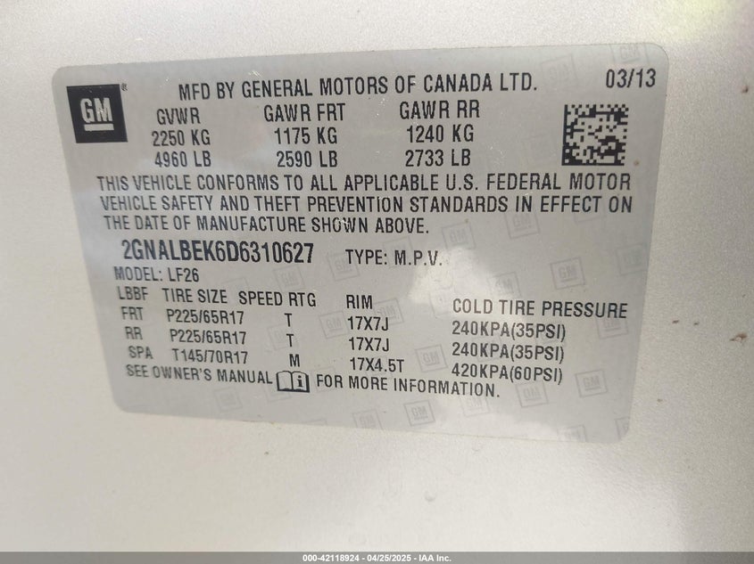 2013 CHEVROLET EQUINOX VIN: 2GNALBEK6D6310627
