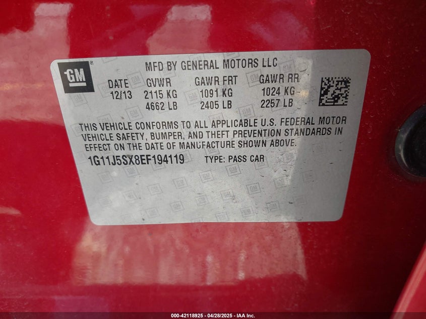2014 CHEVROLET MALIBU VIN: 1G11J5SX8EF194119