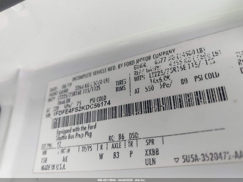 2019 Ford Econoline VIN: 1FDFE4FS2KDC5617 Lot: 42118940