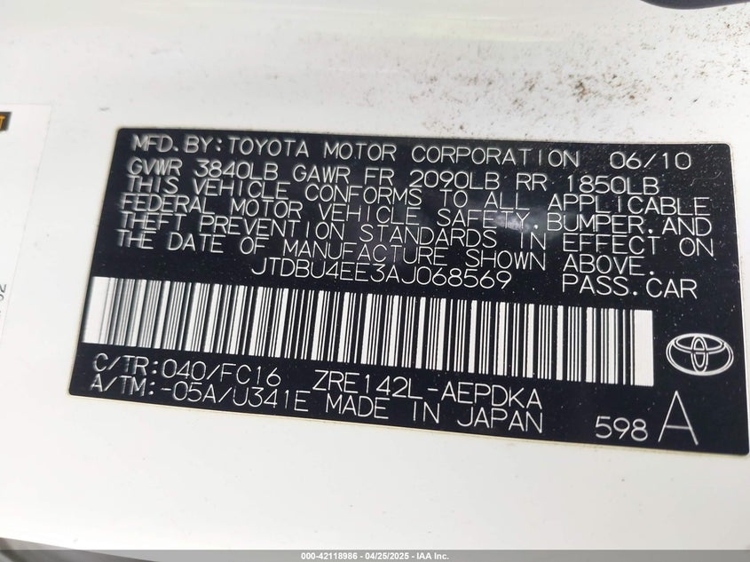 2010 TOYOTA COROLLA VIN: JTDBU4EE3AJ068569