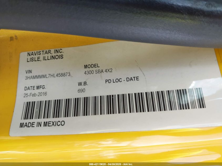 2017 International Durastar 4300 VIN: 3HAMMMML7HL458873 Lot: 42119020
