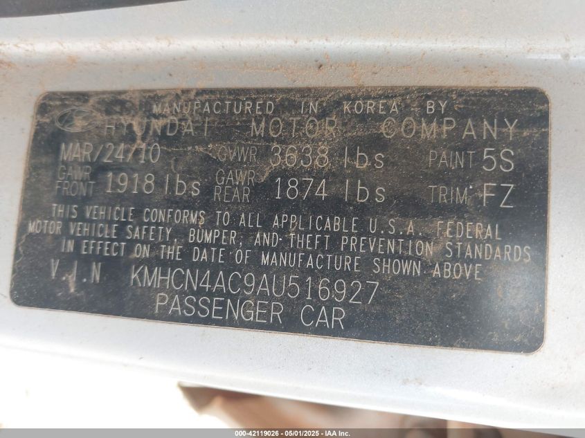 2010 Hyundai Accent Gls VIN: KMHCN4AC9AU516927 Lot: 42119026