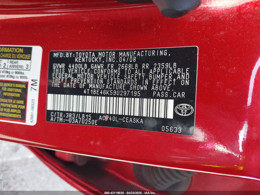 2009 TOYOTA CAMRY VIN: 4T1BE46K59U297195
