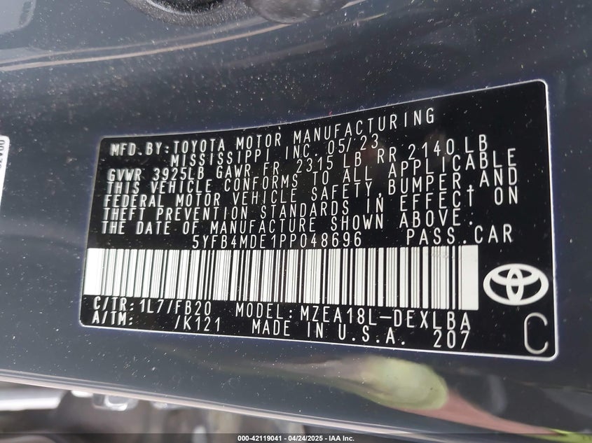 2023 TOYOTA COROLLA VIN: 5YFB4MDE1PP048696