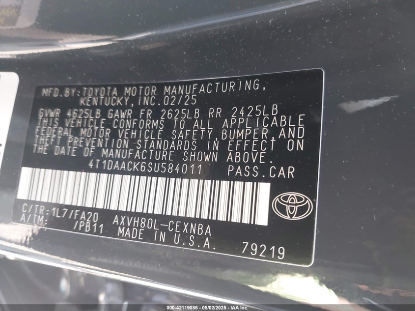2025 TOYOTA CAMRY VIN: 4T1DAACK6SU584011