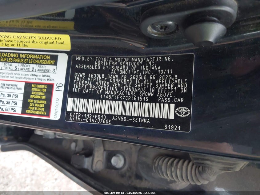 2012 TOYOTA CAMRY VIN: 4T4BF1FK7CR161515