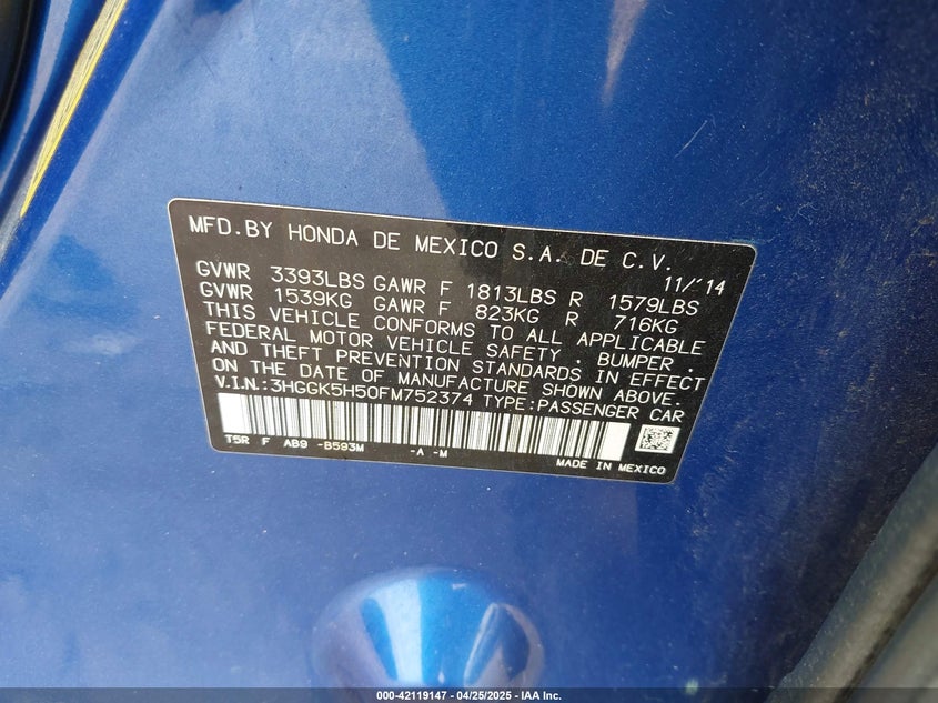 2015 HONDA FIT VIN: 3HGGK5H50FM752374