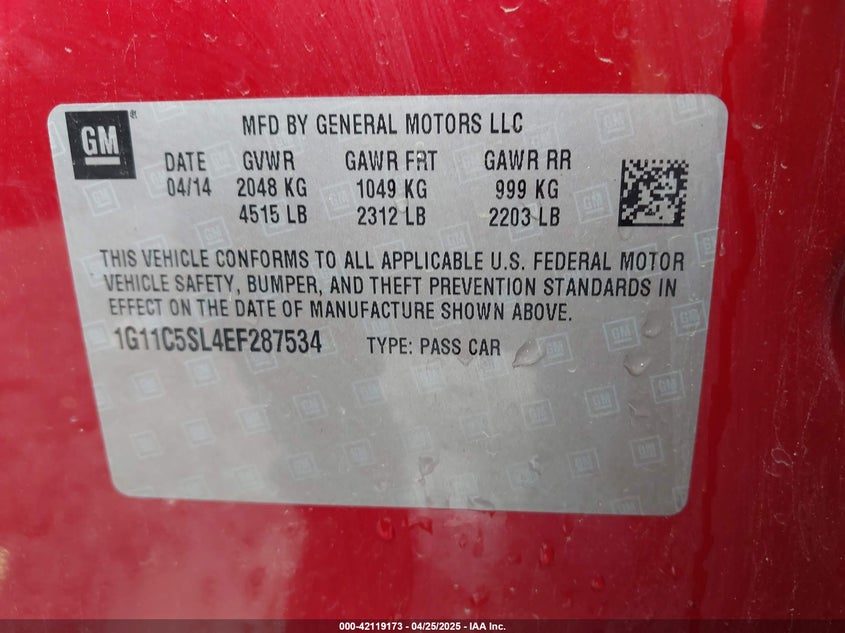 2014 Chevrolet Malibu 1Lt VIN: 1G11C5SL4EF287534 Lot: 42119173