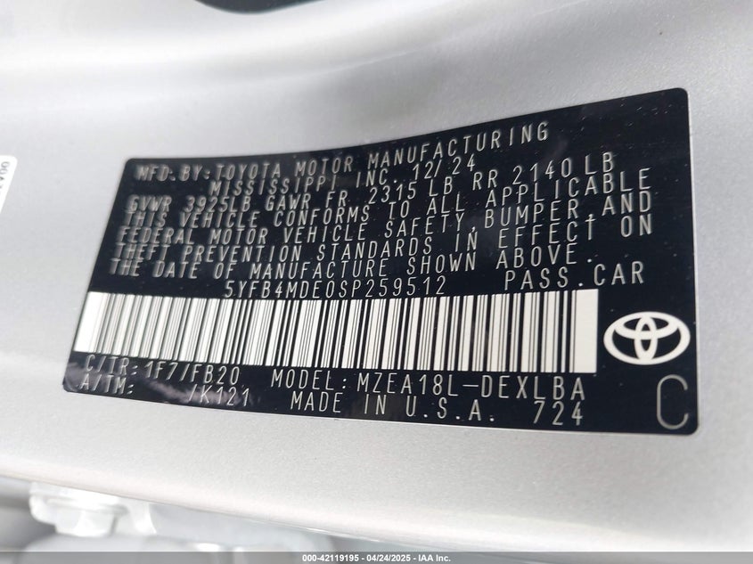 2025 TOYOTA COROLLA VIN: 5YFB4MDE0SP259512