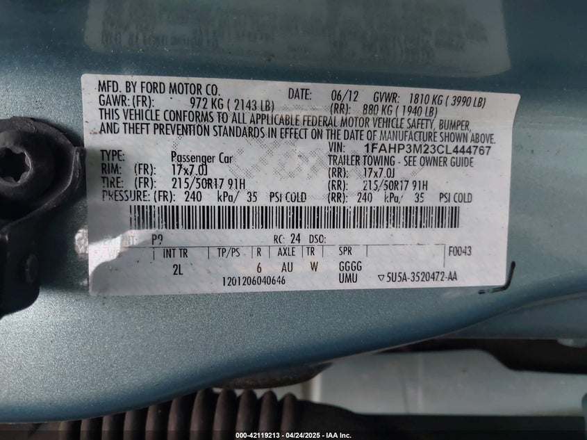 2012 FORD FOCUS VIN: 1FAHP3M23CL444767