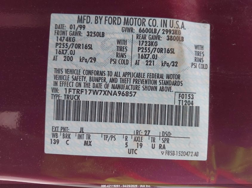 1999 Ford F-150 Lariat/Work Series/Xl/Xlt VIN: 1FTRF17W7XNA96857 Lot: 42119251