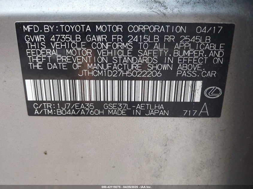 2017 LEXUS IS 300 VIN: JTHCM1D27H5022206