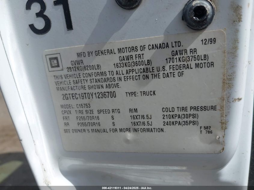 2000 GMC Sierra 1500 Sle VIN: 2GTEC19T0Y1236700 Lot: 42119311