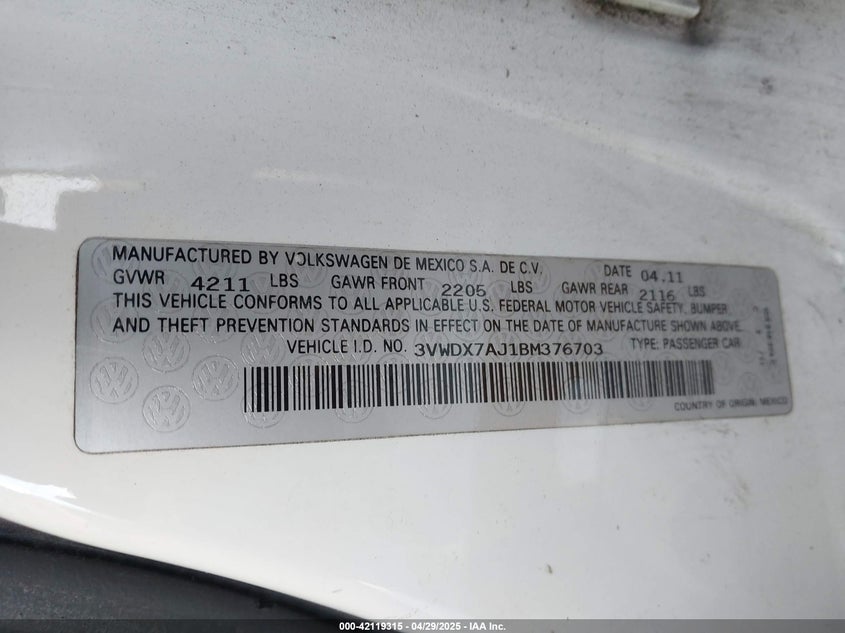 2011 VOLKSWAGEN JETTA VIN: 3VWDX7AJ1BM376703