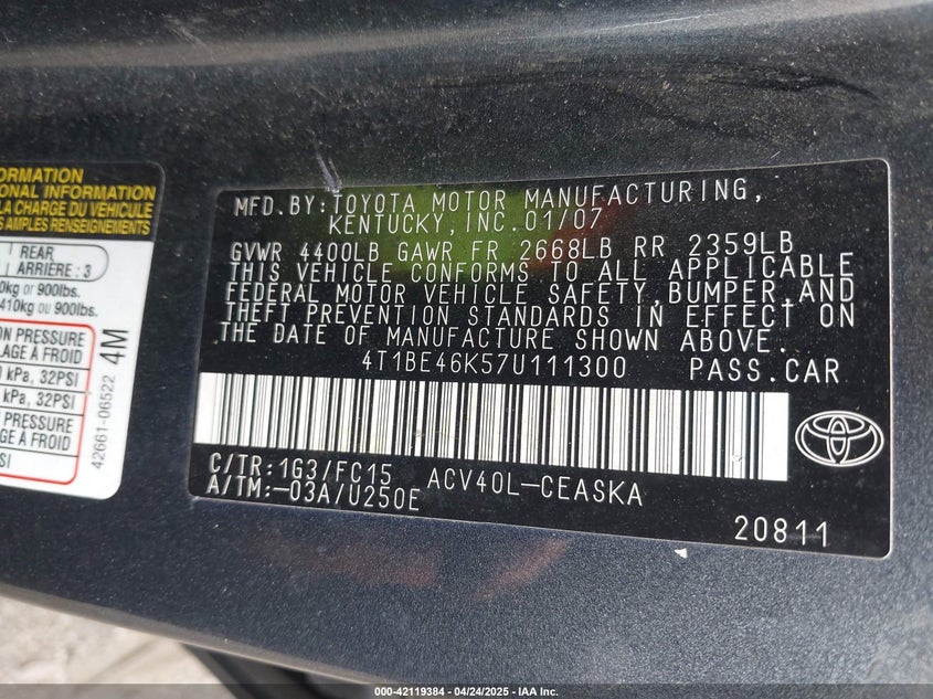 2007 TOYOTA CAMRY VIN: 4T1BE46K57U111300