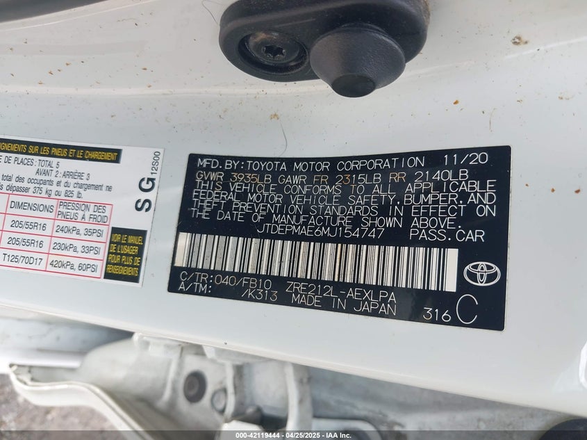 VIN JTDEPMAE6MJ154747 2021 TOYOTA COROLLA LE