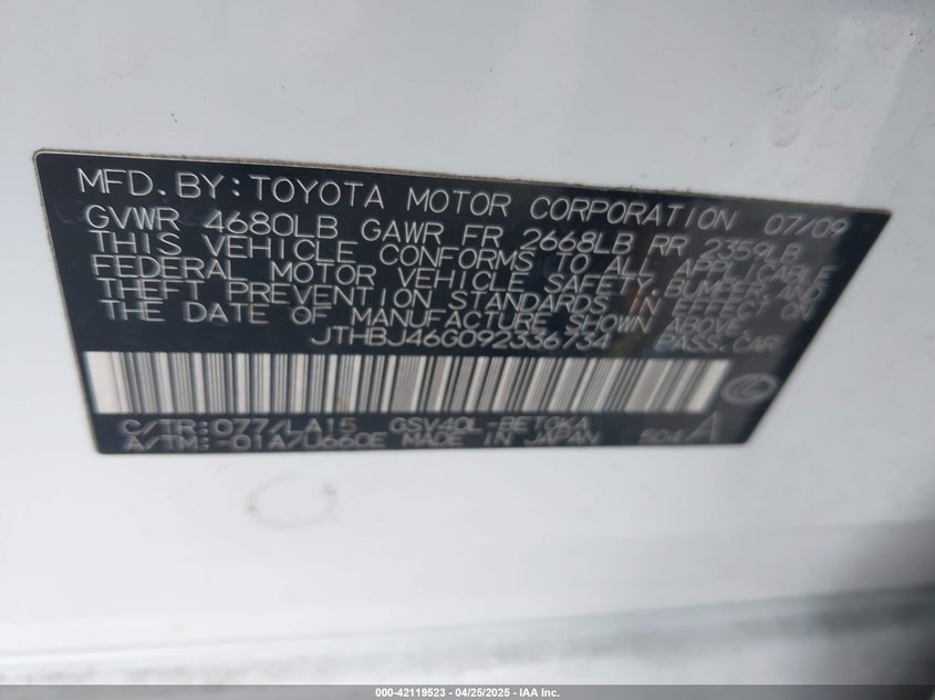 2009 LEXUS ES 350 VIN: JTHBJ46G092336734