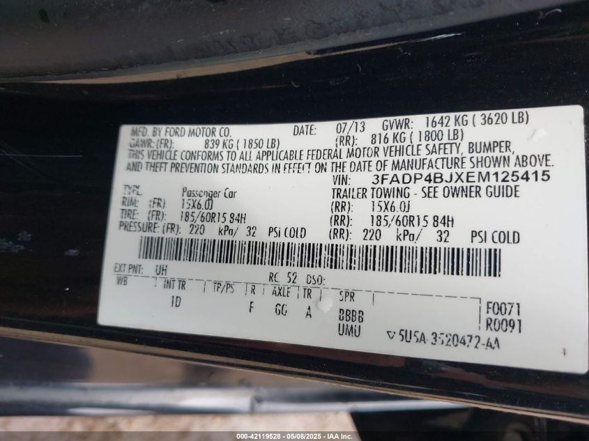 2014 Ford Fiesta Se VIN: 3FADP4BJXEM125415 Lot: 42119528