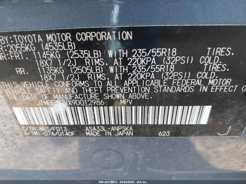 2009 TOYOTA RAV4 VIN: JTMBF32VX9D012986