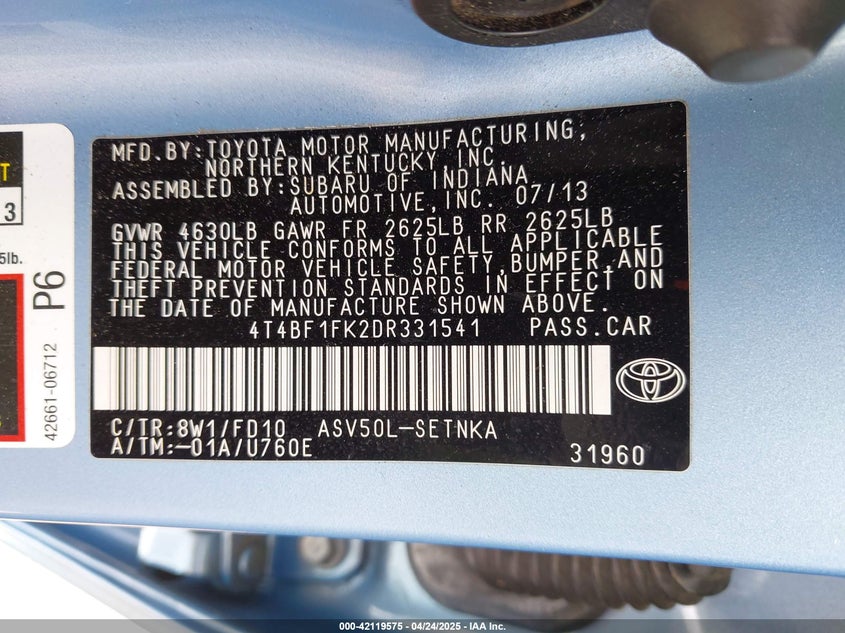 2013 TOYOTA CAMRY VIN: 4T4BF1FK2DR331541