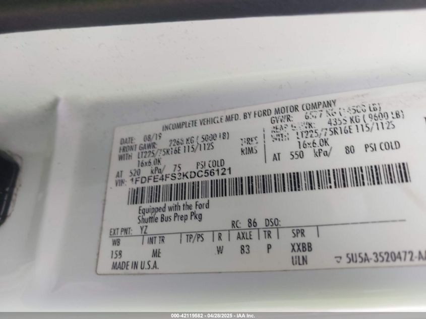 2019 Ford Econoline VIN: 1FDFE4FS3KDC5612 Lot: 42119582