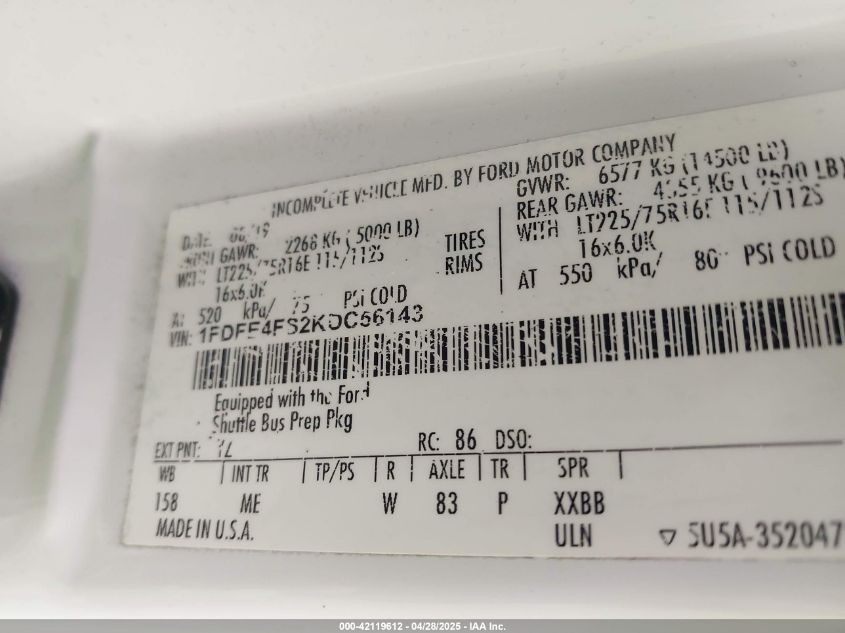 2019 Ford Econoline VIN: 1FDFE4FS2KDC5614 Lot: 42119612