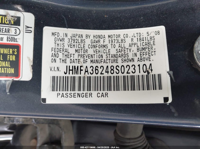 2008 HONDA CIVIC HYBRID VIN: JHMFA36248S023104