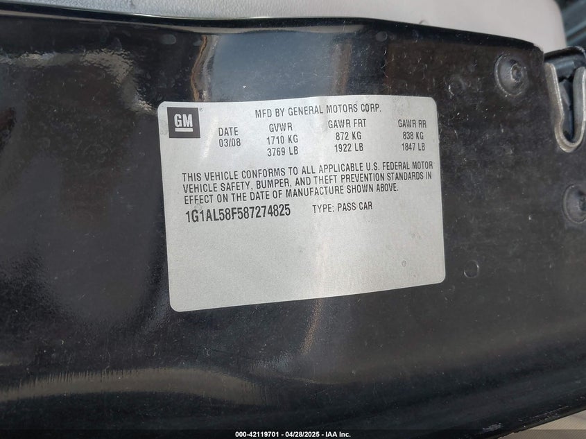 2008 CHEVROLET COBALT VIN: 1G1AL58F587274825