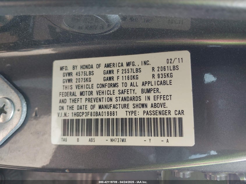 2011 HONDA ACCORD VIN: 1HGCP3F80BA019881