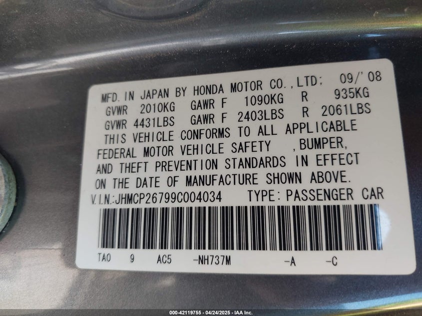 2009 HONDA ACCORD VIN: JHMCP26799C004034