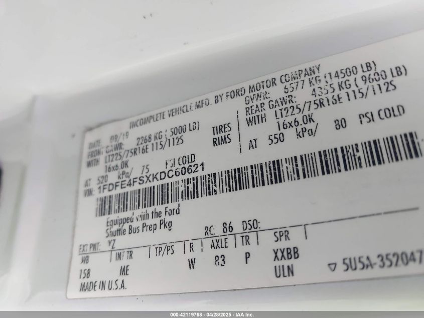 2019 Ford Econoline VIN: 1FDFE4FSXKDC6062 Lot: 42119768