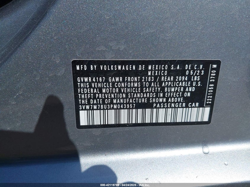 2023 VOLKSWAGEN JETTA VIN: 3VW7M7BU3PM043957