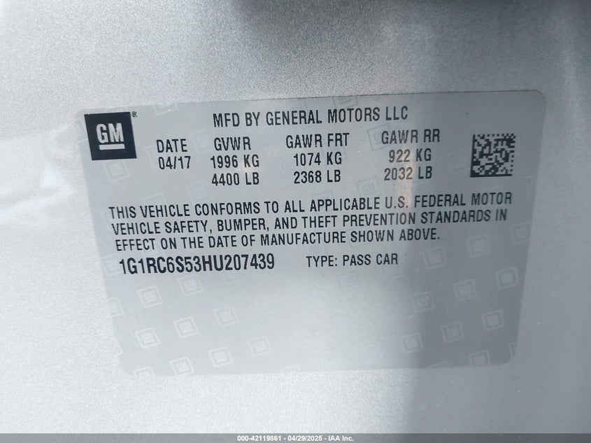 2017 CHEVROLET VOLT VIN: 1G1RC6S53HU207439