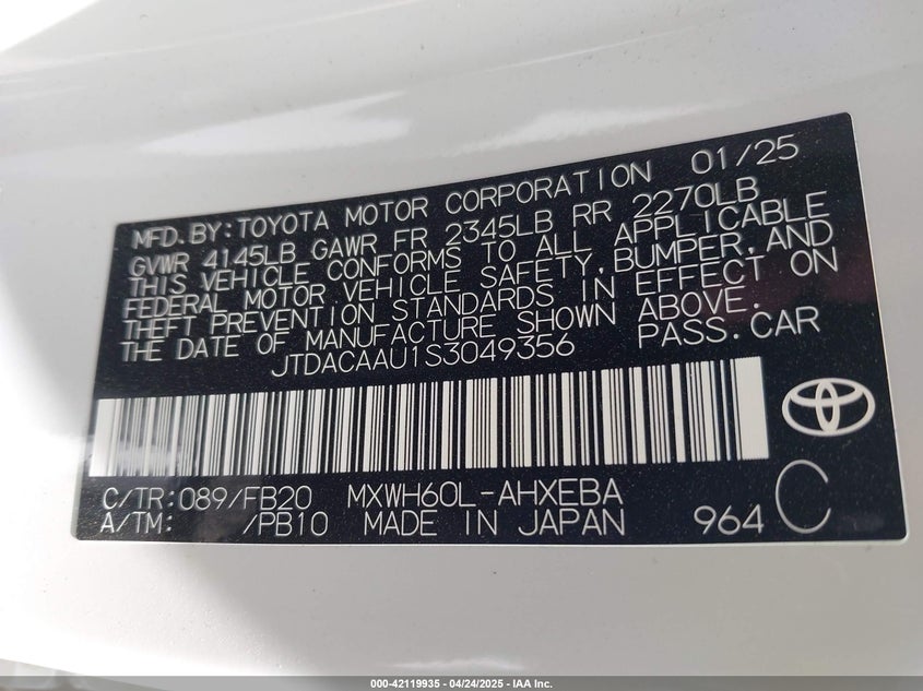 2025 TOYOTA PRIUS VIN: JTDACAAU1S3049356