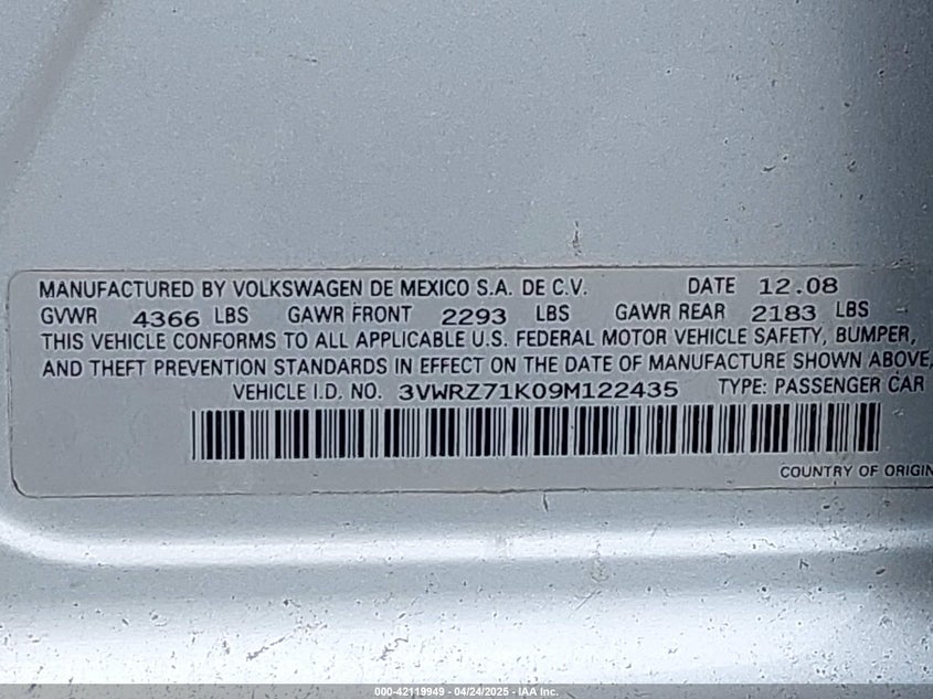 2009 VOLKSWAGEN JETTA VIN: 3VWRZ71K09M122435
