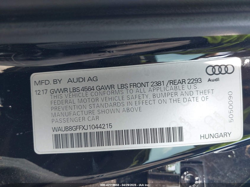 2018 AUDI A3 VIN: WAUB8GFFXJ1044215