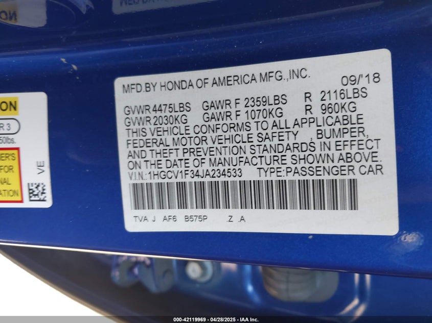 2018 HONDA ACCORD VIN: 1HGCV1F34JA234533