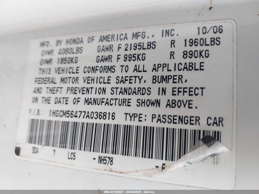 2007 HONDA ACCORD VIN: 1HGCM56477A036816