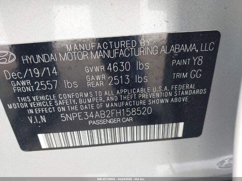 2015 Hyundai Sonata Limited 2.0T VIN: 5NPE34AB2FH158520 Lot: 42120092